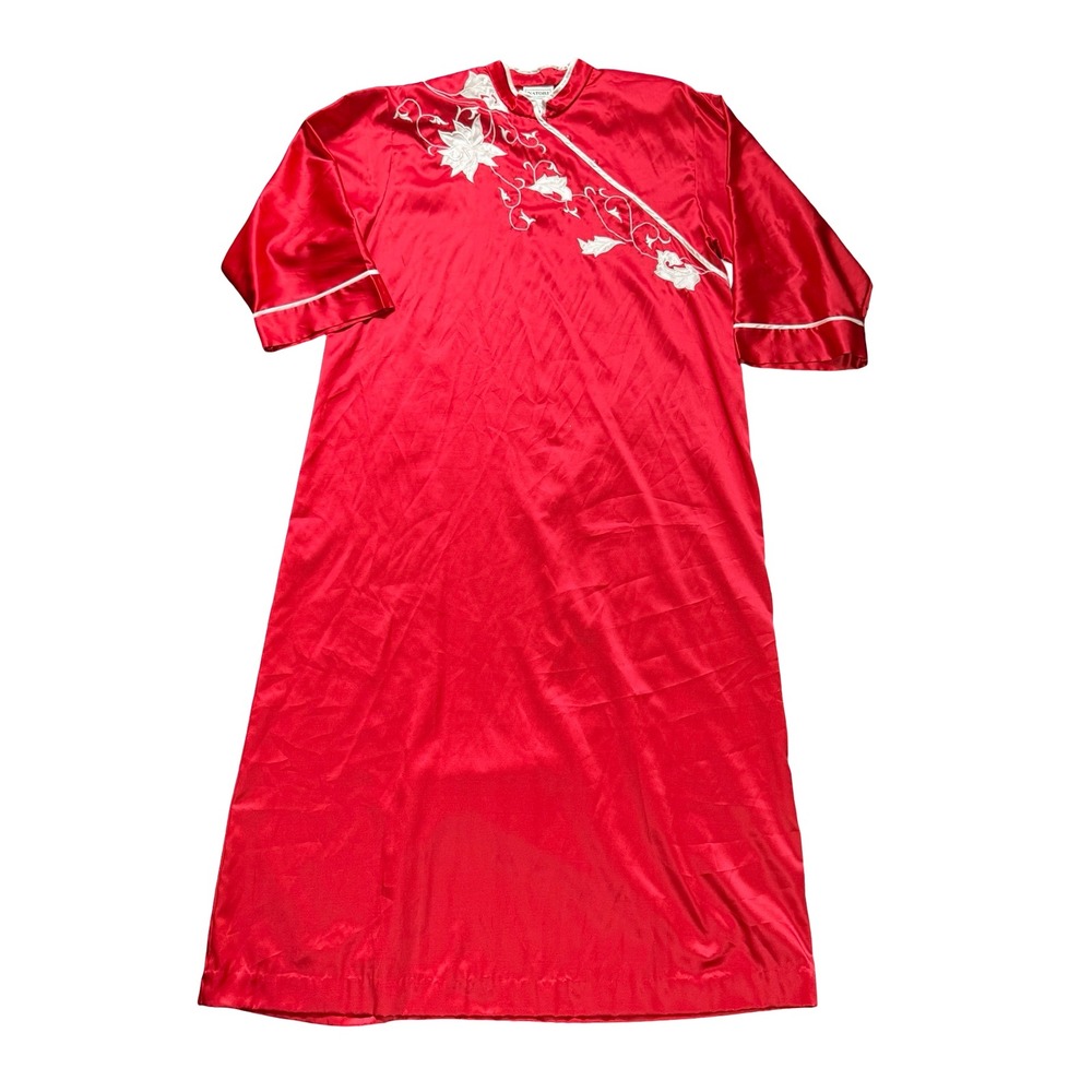 Natori Nightgown Womens M Red Floral Embroidered Satin Robe Loungewear Costue